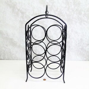 Black Metal Wine Rack Stand 6 Bottle Holder Fleur de Lis Design Carry Handle 16"